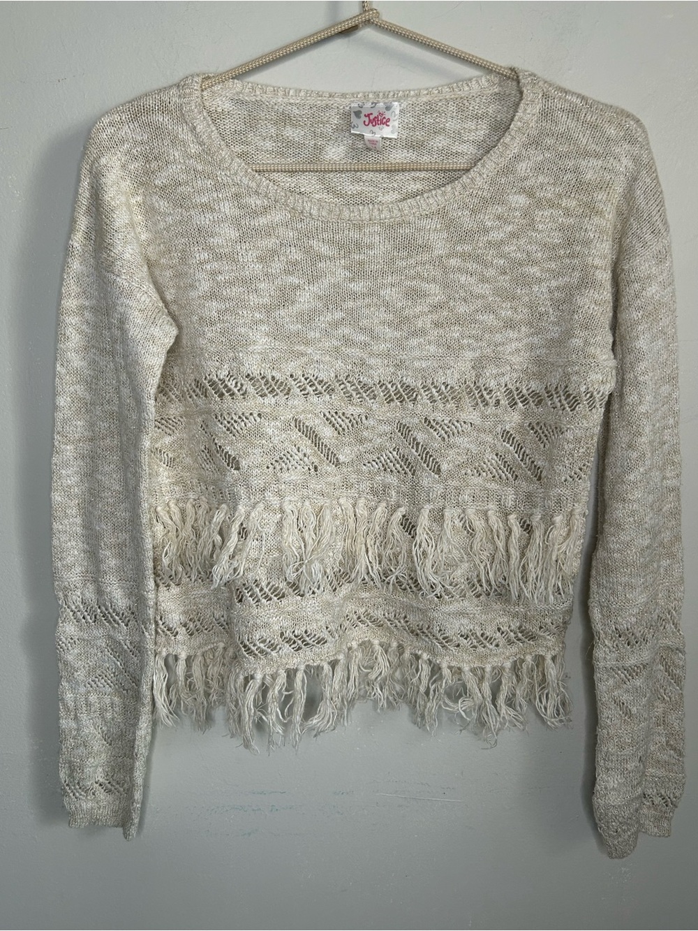 2/$25 ⬇️ Listing Justice Girl’s Open Work Cream Metallic Fringe Trimmed Sweater